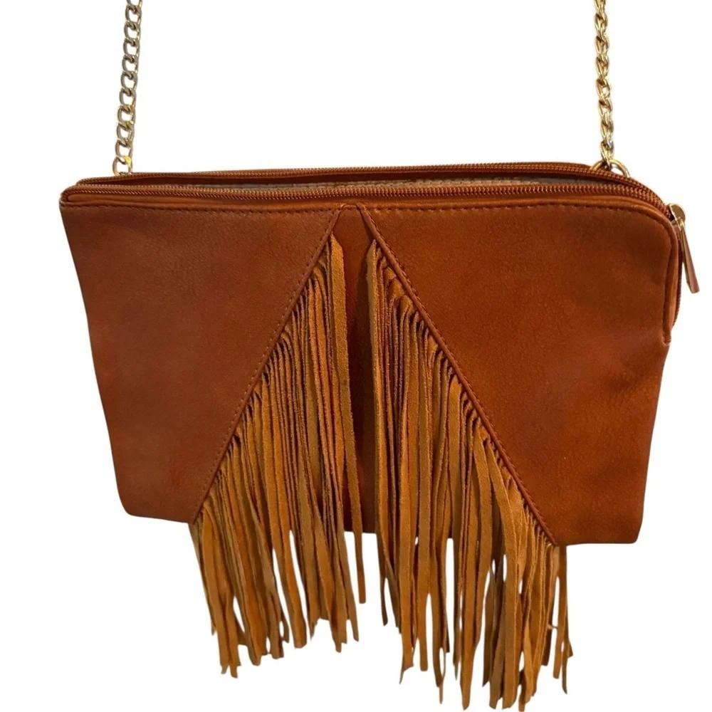 Fringe Leather Crossbody Bag with gold strap by Cato
